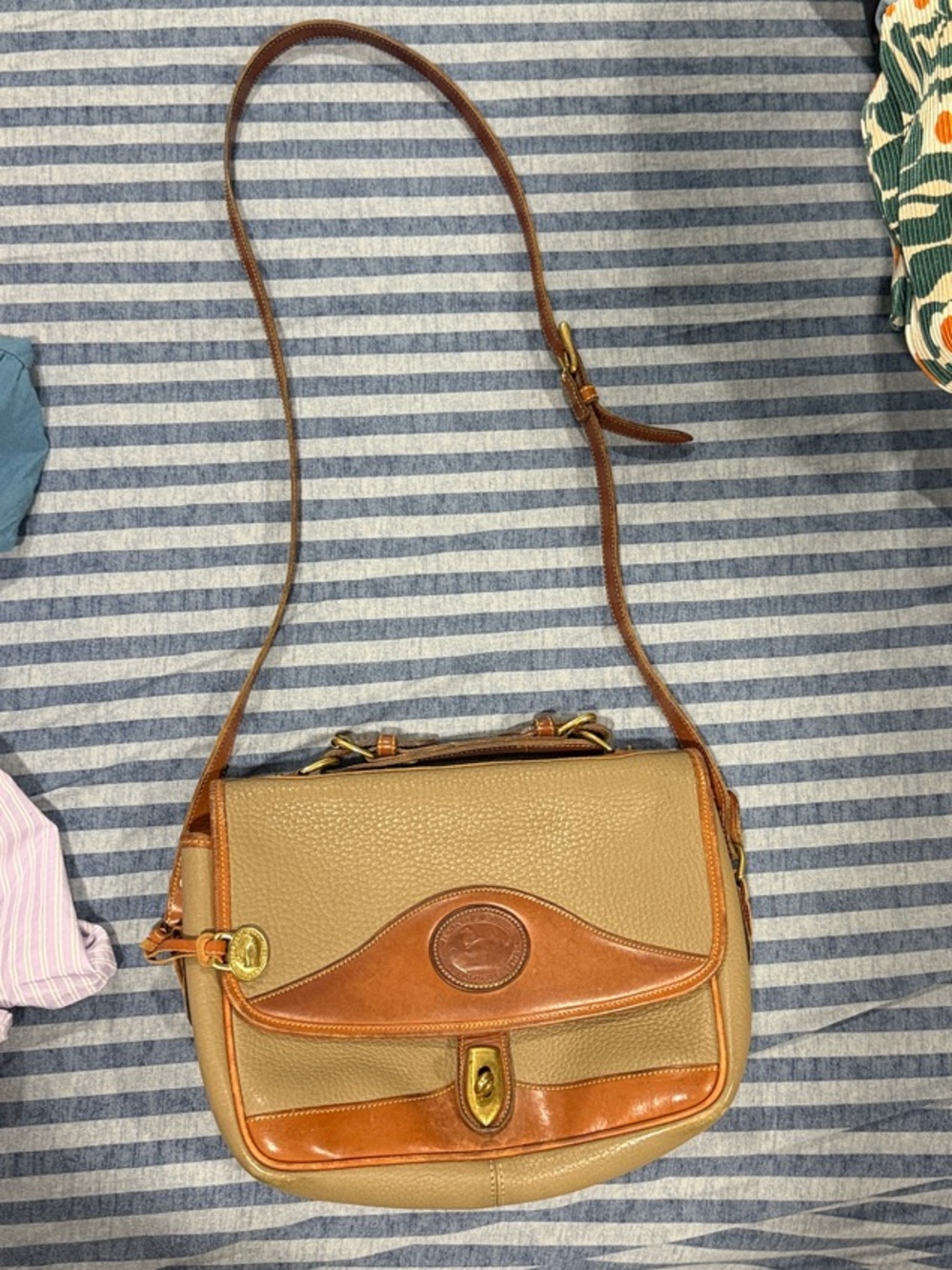Dooney & Bourke Tan and Brown Leather Crossbody Saddle Bag